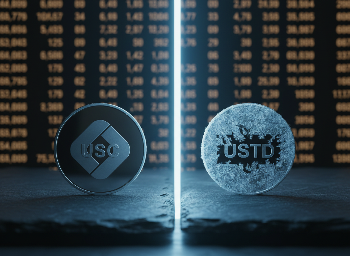 USDC vs USDT stablecoin comparison with a frozen wallet visual