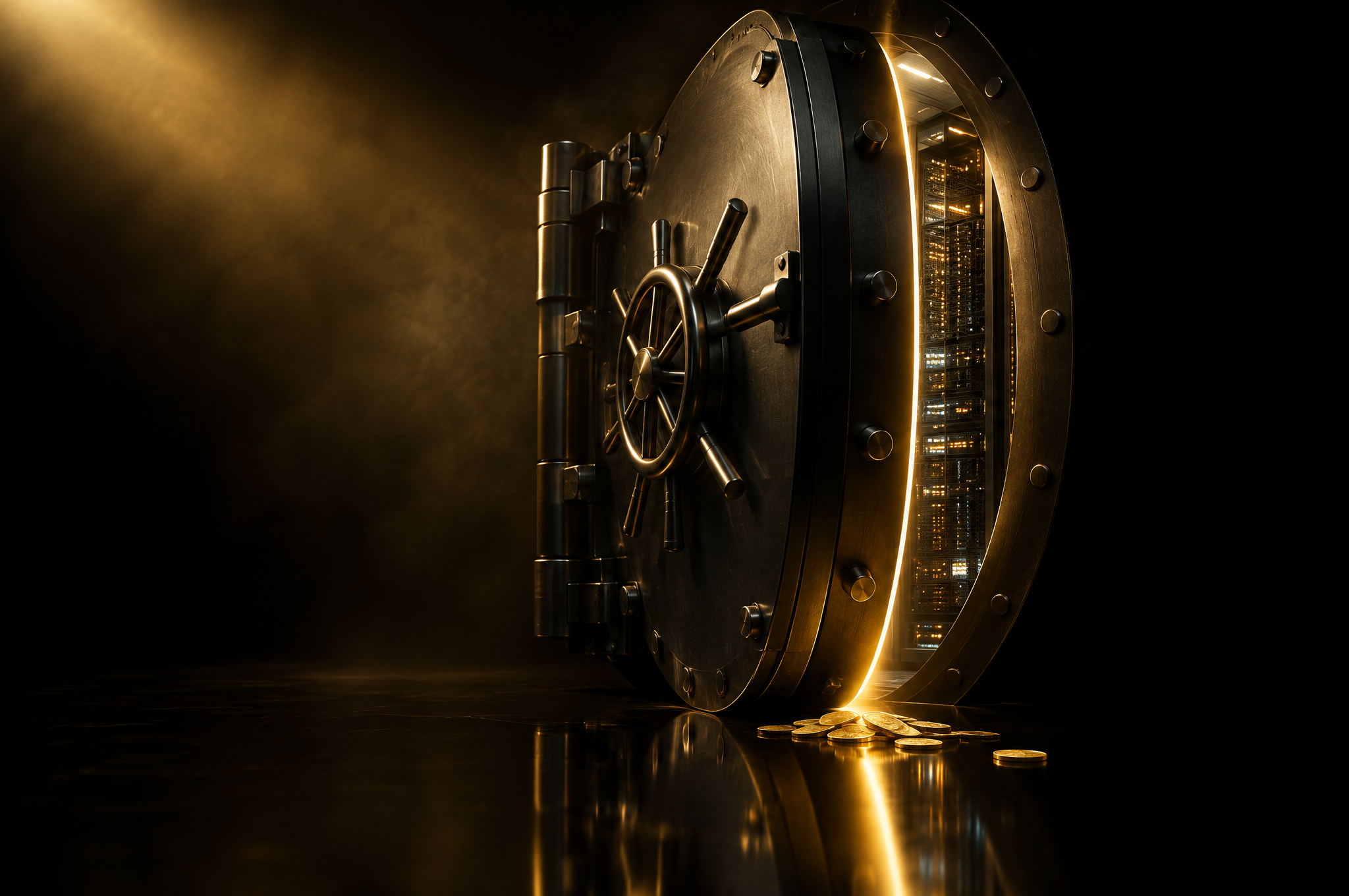Steel vault door closing in front of a glowing AI server rack, golden light spilling onto scattered gold coins