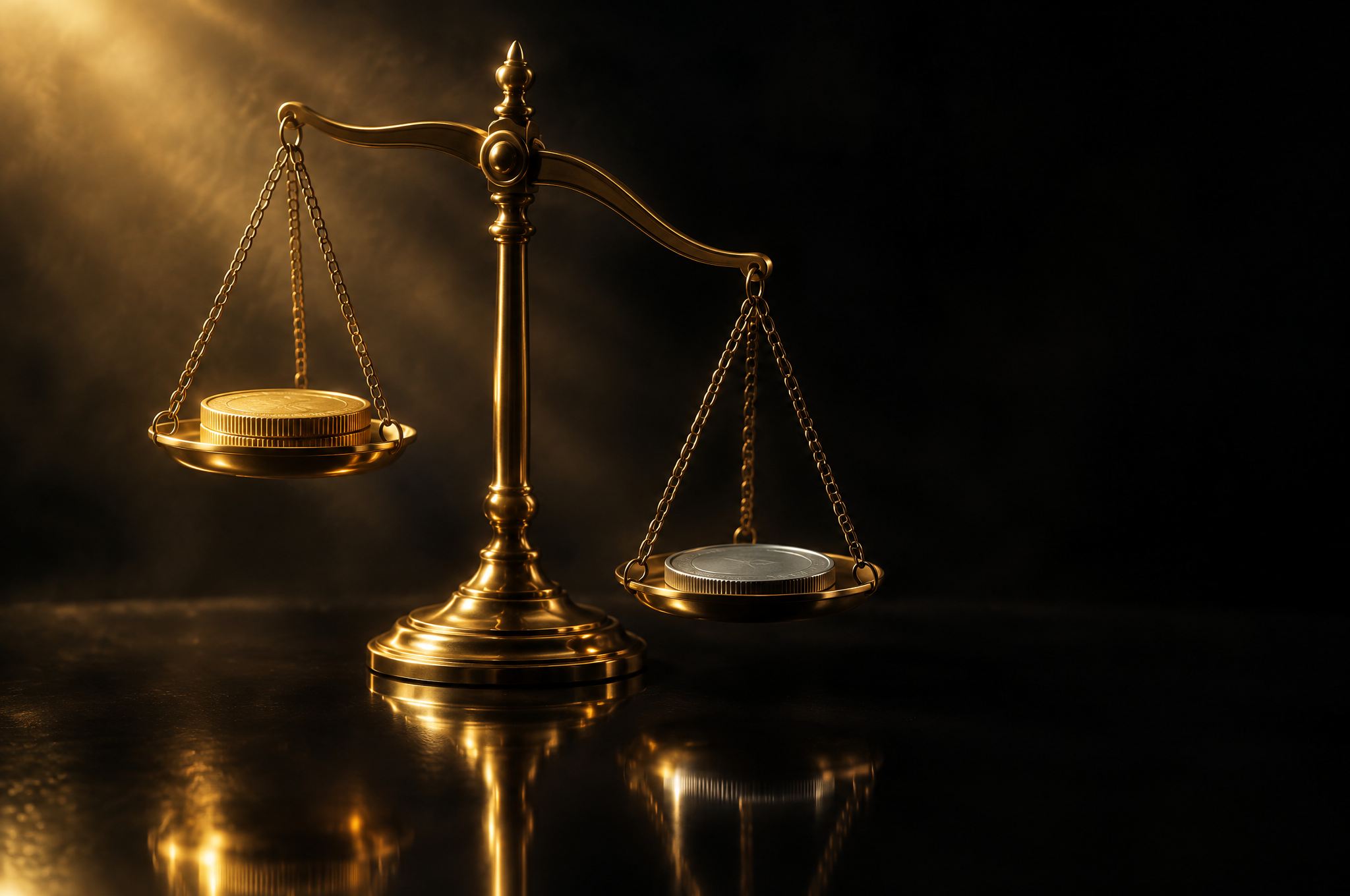 Brass balance scale holding a gold coin and a silver coin on a black glass surface under warm light